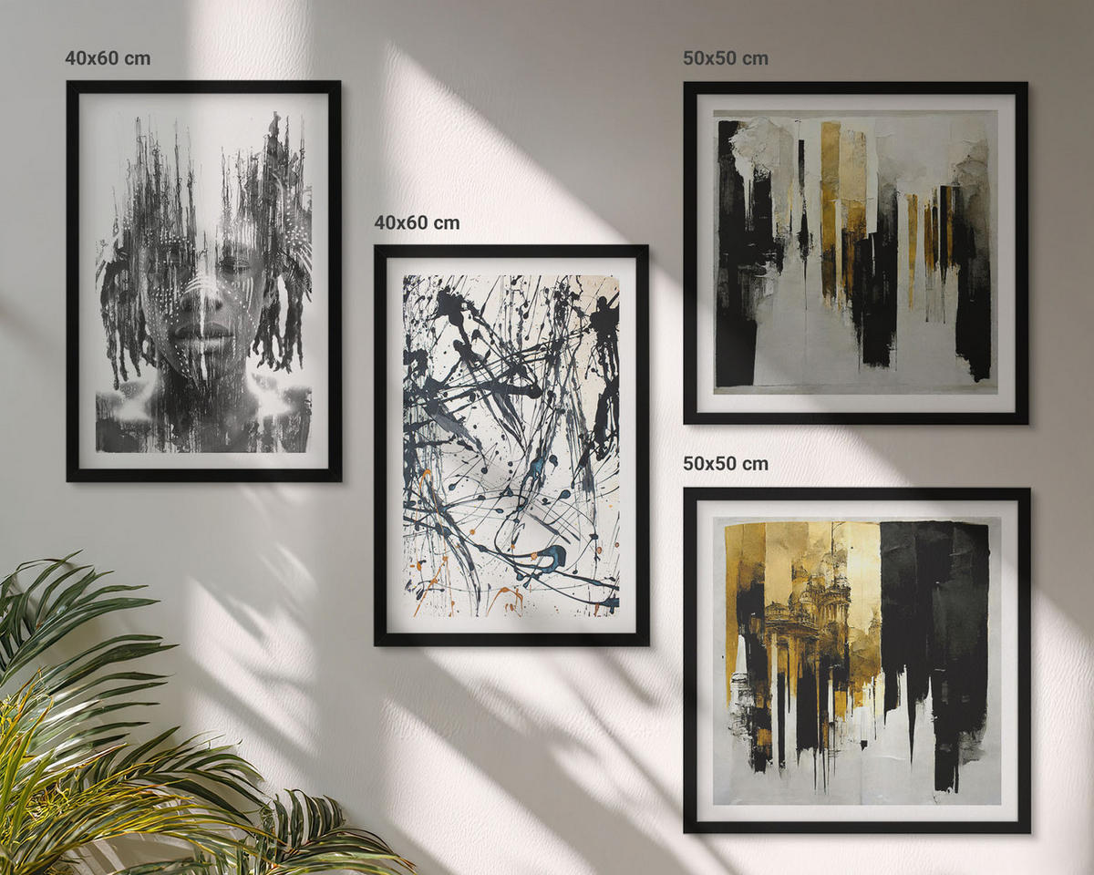WANDBILDER 4er-Set - 50x50 cm & 40x60 cm Schwarzer Rahmen - Kontrastierende abstrakte Porträts - Schwarz, Kunststoff (50/50cm) - ArtPrintCave