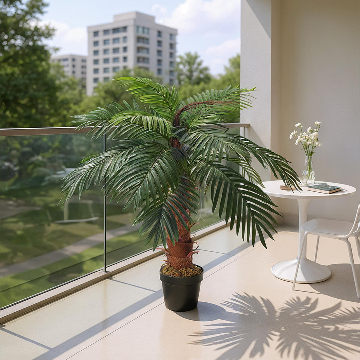 TOPFPFLANZE Palme 100 cm aus Kunststoff für Wohnraumdekoration Künstlich naturgetreu pflegefrei, mit Kunststofftopf Stabil - Schwarz/Braun, Kunststoff (100cm) - Livingandhome