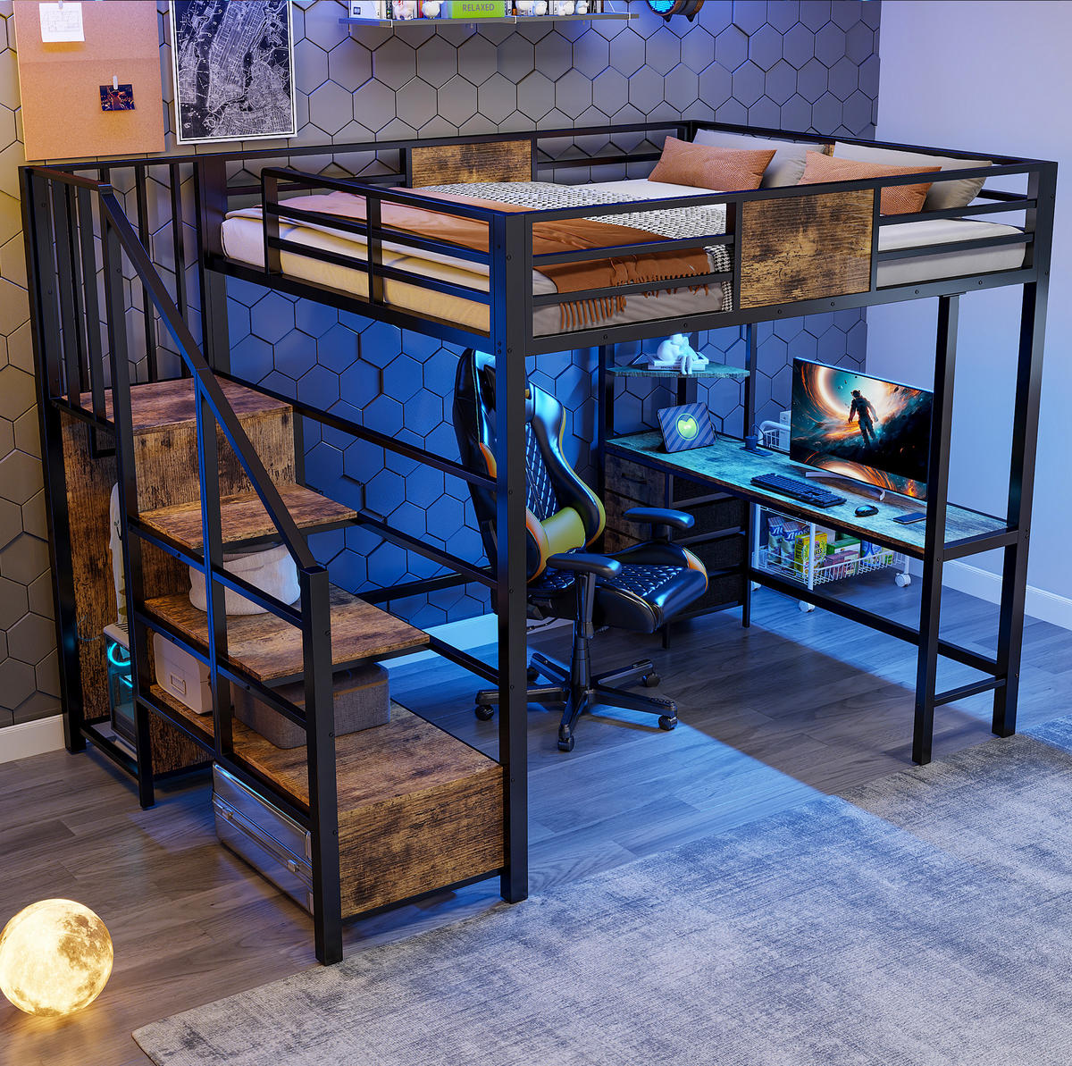 HOCHBETT 140/200 cm aus Metall mit Schreibtisch, Ablagen, Kleiderstange und LED Schwarz - Schwarz, Metall (140/200cm) - Modenvie
