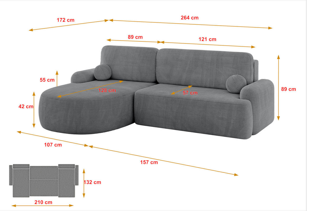 ECKSOFA mit Schlaffunktion und Bettkasten LIRA-L - 264x172x89 Dunkelgrau - Dunkelgrau, Holzwerkstoff/Textil (264/172cm) - ALTDECOR