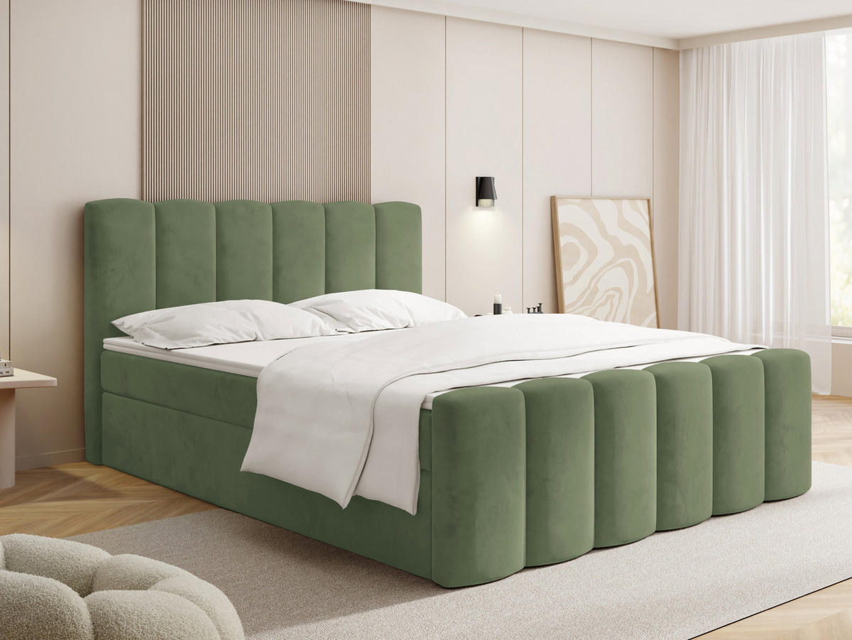 BOXBETT Serenity mit Bettkasten, Salbeigrün Samt 200x200 cm – inkl. H4 Taschenfederkern Matratze & Foam Topper - Salbeigrün/Schwarz, Holz/Holzwerkstoff (200/200cm) - WFL GROUP