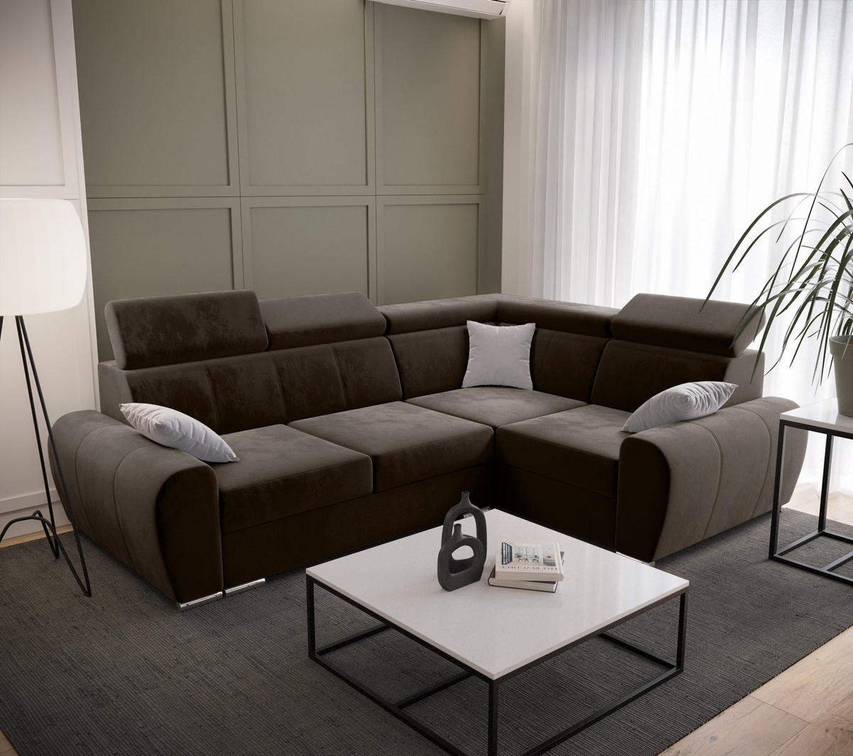 ECKSOFA APOLLO KN08, Eckcouch in L-Form mit Schlaffunktion, Farbe: Braun, Velourstoff, Ottomane Rechts - Braun, Textil (255/190cm) - O-Sofa