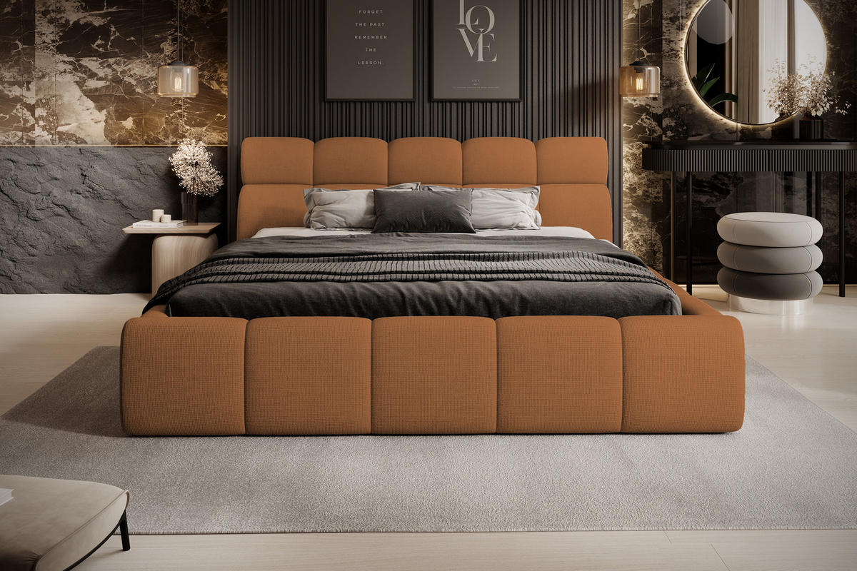 POLSTERBETT GIULIA, komfortabel, mit Bettkasten, verstellbarem Kopfteil und LED, 180x200x96 cm, Farbe Orange - Schwarz/Orange, Holzwerkstoff/Kunststoff (180/200cm) - DomoHome