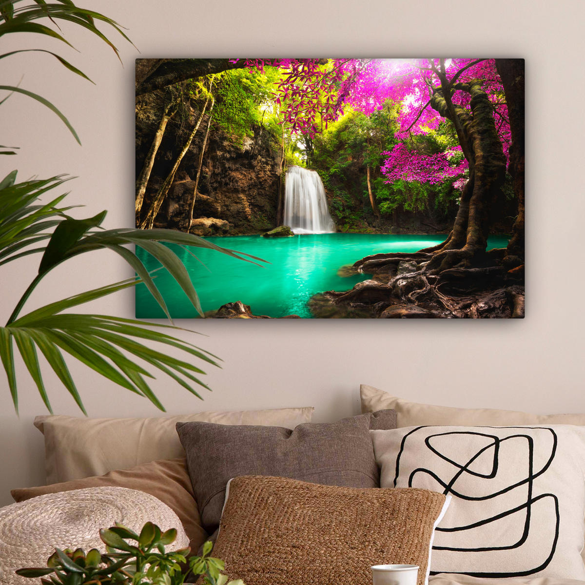 LEINWANDBILD Wasserfall mit bunten Blumen und Bäumen - Natur - Dschungel Wanddeko 90x60 cm - Waldgrün, Textil (90/60cm) - MuchoWow