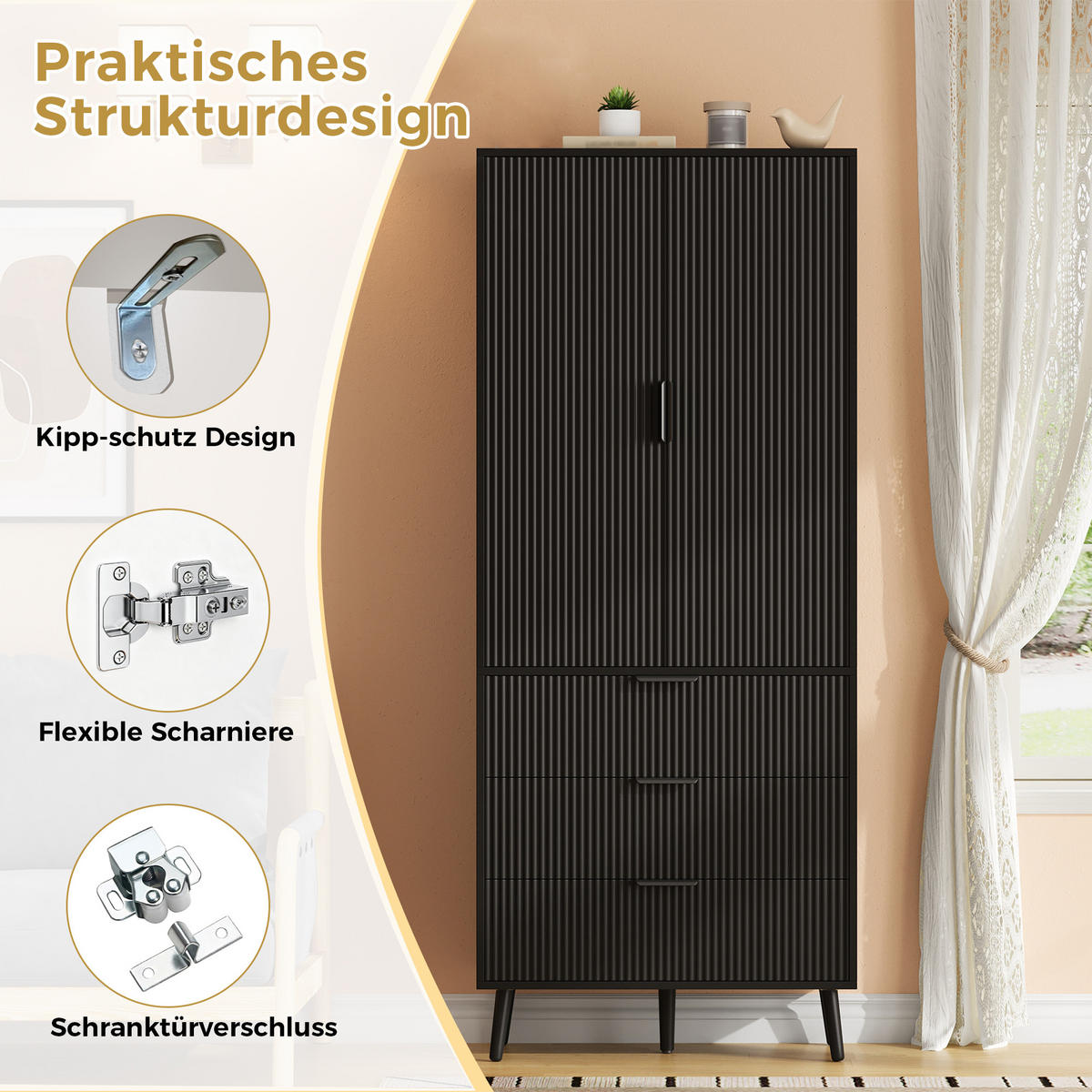 HIGHBOARD DE-38756 75/35/180 cm 2 Türen und 3 Schubladen Schwarz - Schwarz, Holzwerkstoff (75/180/35cm) - ComfortXL