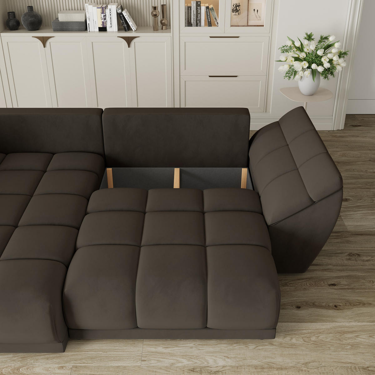 ECKSOFA ORENTI L-S Braun Velours-Stoff mit Schlaffunktion - Braun, Holz (287/182cm) - MASSENO