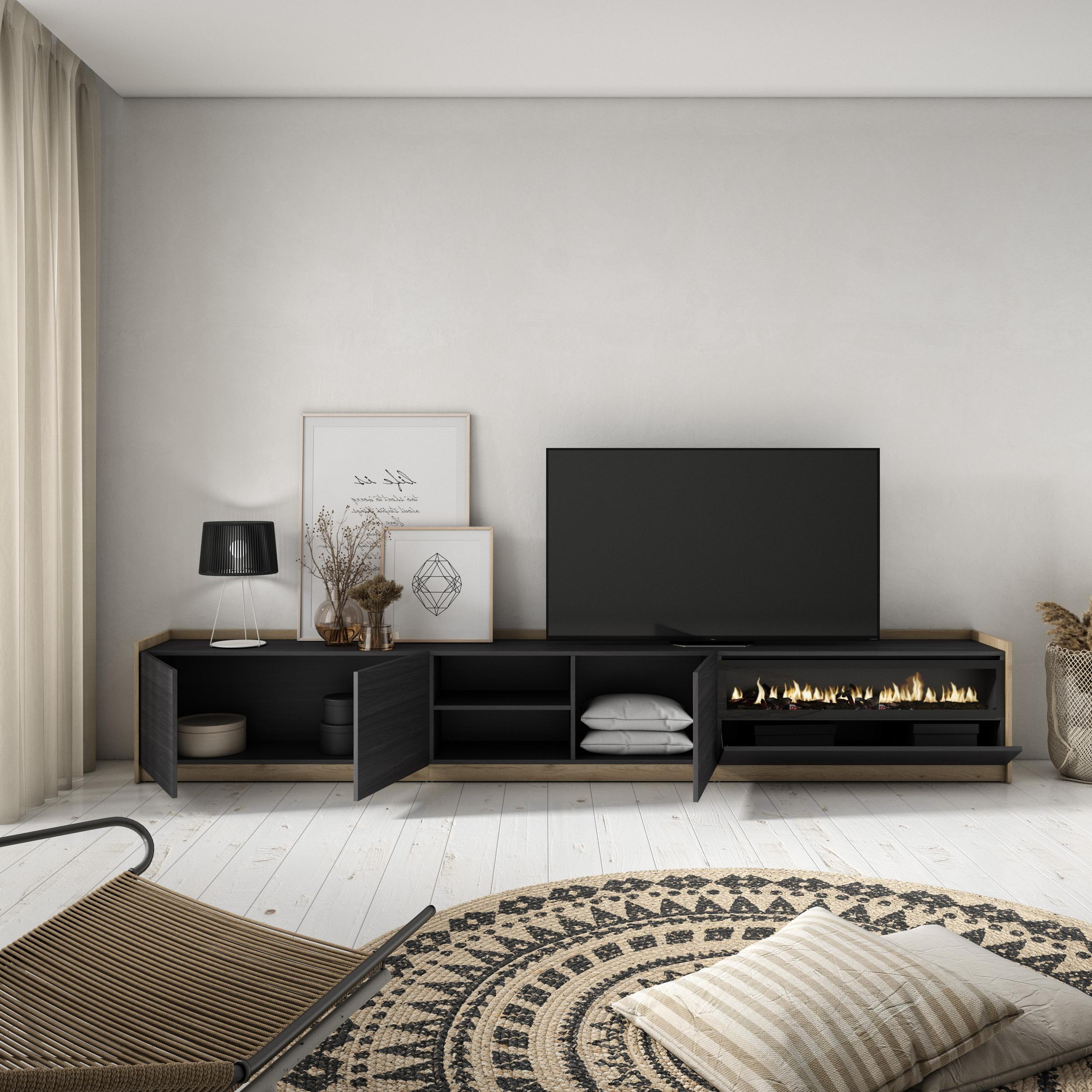 TV-SCHRANK, Lowboard, Schwarz Eiche, Elektrokamin, 310/37/50cm - Schwarz, Holzwerkstoff (310/50/37cm) - Skraut Home