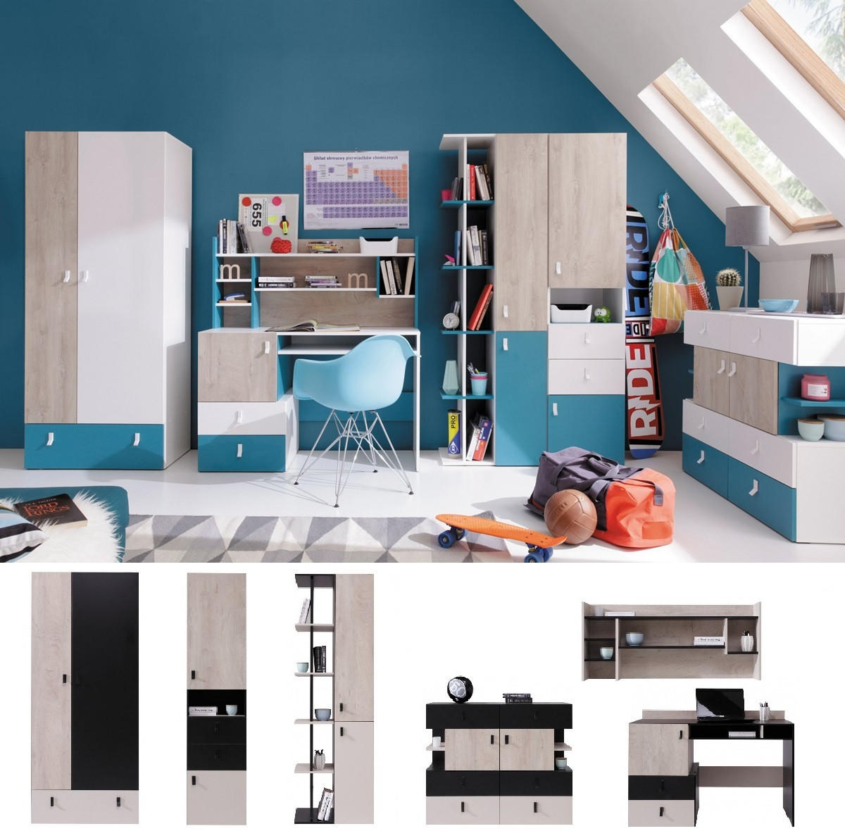 JUGENDZIMMER Space Set C 6-teilig - Schwarz-Eiche-Beige - Eichefarben/Beige, Holzwerkstoff (80/190/50cm) - QMM TraumMöbel