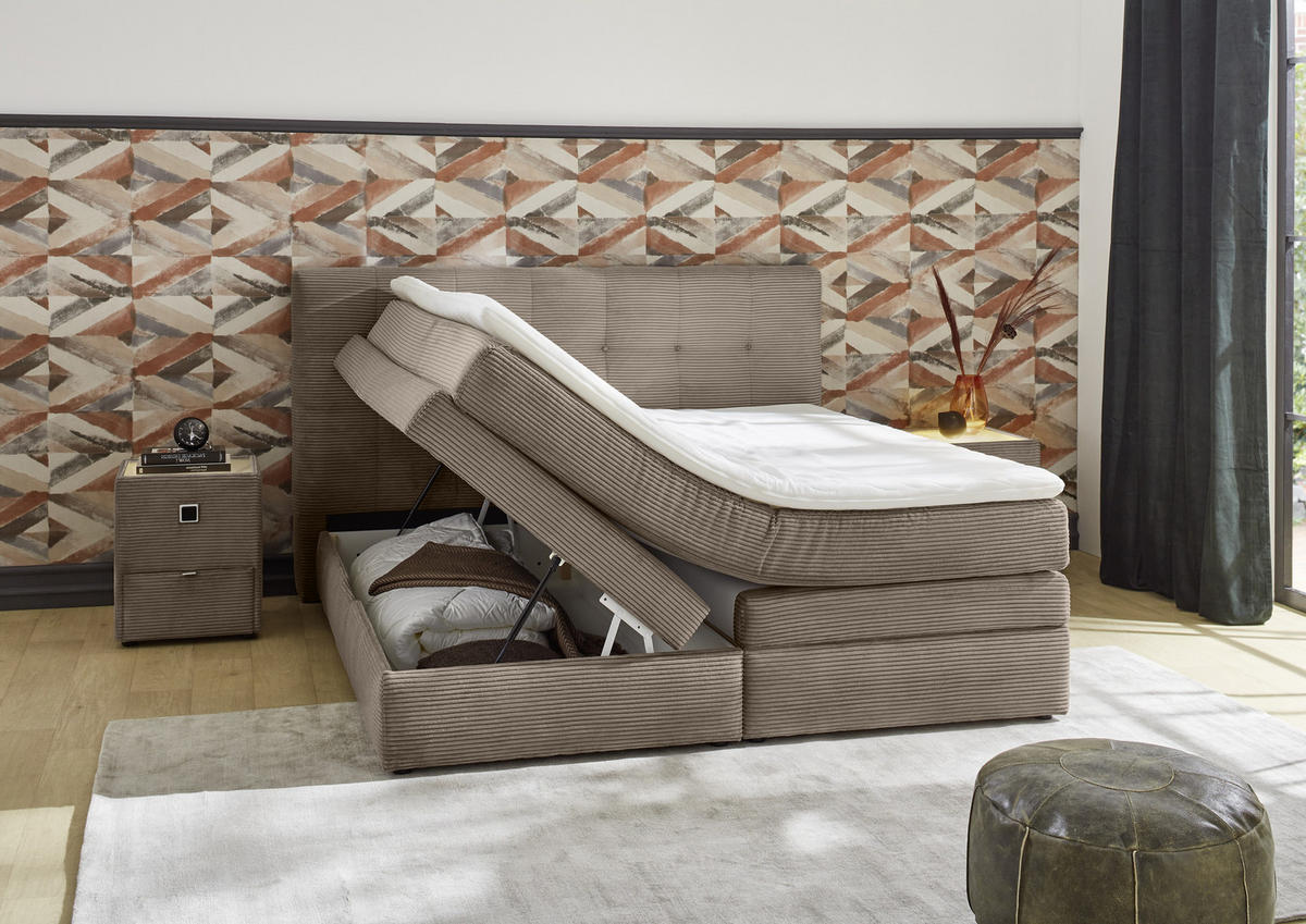 BOXSPRINGBETT 180x200 cm, 7-Zonen-Tonnentaschen-Federkernmatratzen H3, Topper, Bonell-Federkern, 2 Bettkästen, Cord Braun Taupe / 20040 - Schwarz/Braun, Kunststoff/Textil (180/200cm) - luma-home