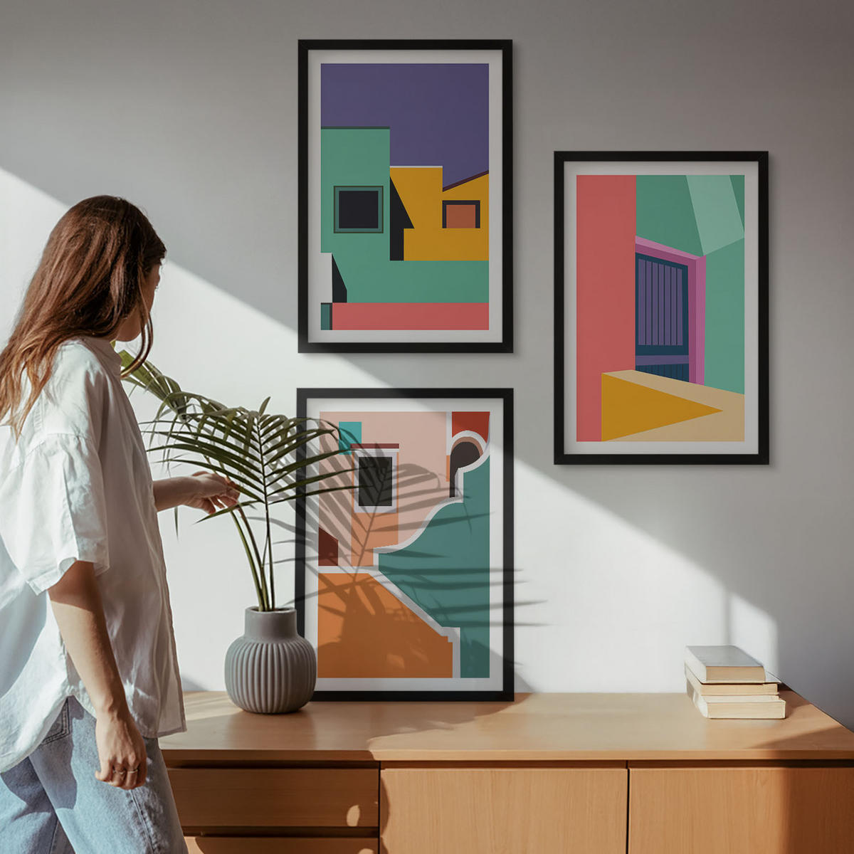BILDER SET 3er Set - 40x60 cm Schwarzer Rahmen - Farbenfrohe Illustrationen der Stadt - Schwarz, Kunststoff (40/60cm) - TULUP