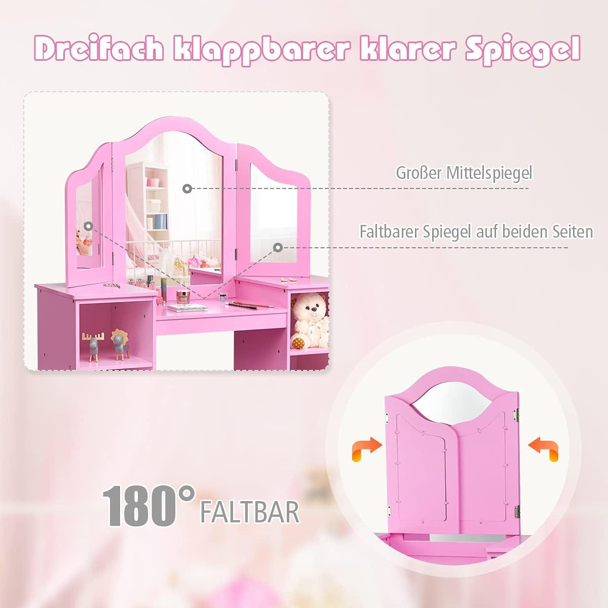 SCHMINKTISCH Set für Kinder Pink - Pink, Holz (40/117/107cm) - COSTWAY