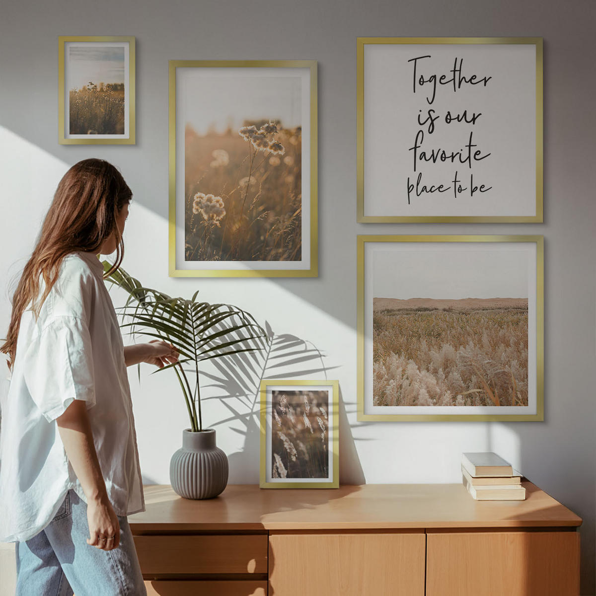 BILDER SET 5er Set - 50x50 cm & 20x30 cm & 40x60 cm Goldrahmen - Landschaftsgrasblumen Wärme - Goldfarben, Kunststoff (40/60cm) - TULUP