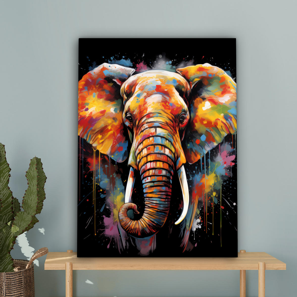 LEINWANDBILD Elefant - Graffiti - Schwarz - Tiere - Farben Wandbild Wohnzimmer 60x80 cm - Schwarz, Textil (60/80cm) - MuchoWow