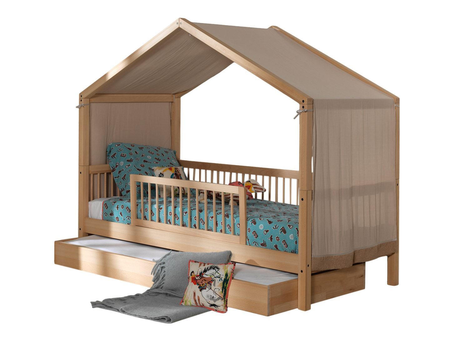 HAUSBETT Kelci 90x200 Bettschublade Absturzschutz Buche massiv natur - Buchefarben, Holz (90/200cm) - 58aufmkessel
