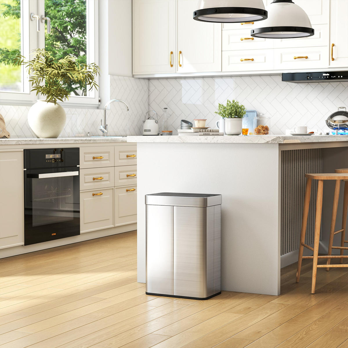 SENSOR Mülleimer 55L Abfalleimer mit Soft-Close-Schmetterlingsdeckel Edelstahl - Silberfarben, Metall (26.5/59/41cm) - HOMCOM