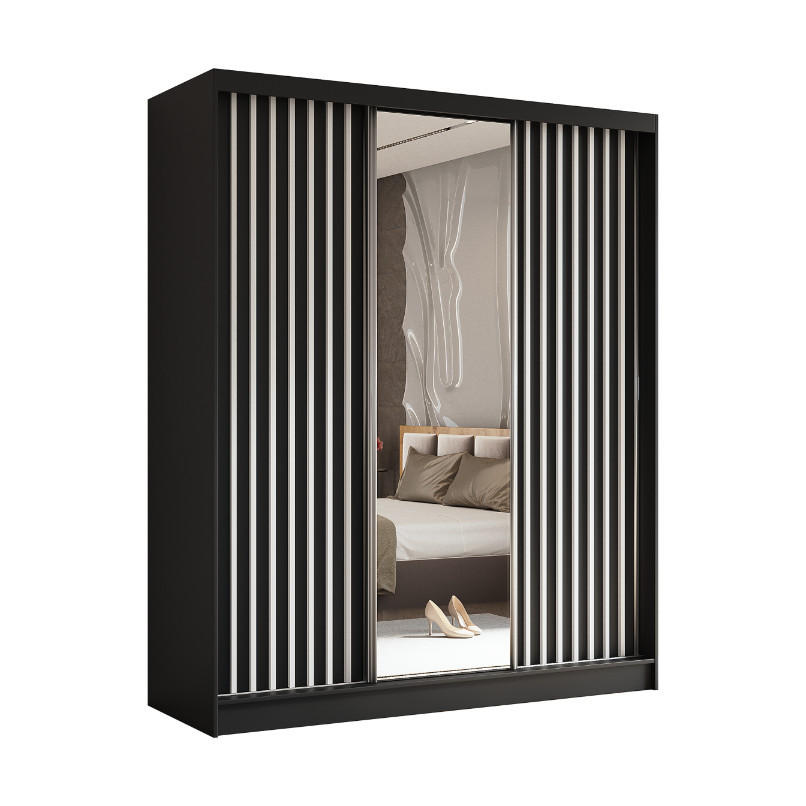 SCHWEBETÜRENSCHRANK Erika 180 cm mit Lamellen und Spiegel 3-türig, schwarz, schwarz, Lamelle weiß - Schwarz/Weiß, Kunststoff (180/216/61cm) - Margaret Hadas24