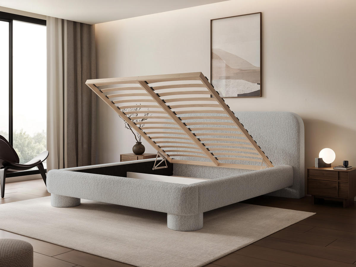 POLSTERBETT Frederico 140x200 cm Beige Bouclé – (Doppelbett mit Bettkasten, Lattenrost, rundes Kopfteil) - Beige, Holz/Holzwerkstoff (140/200cm) - Ravio