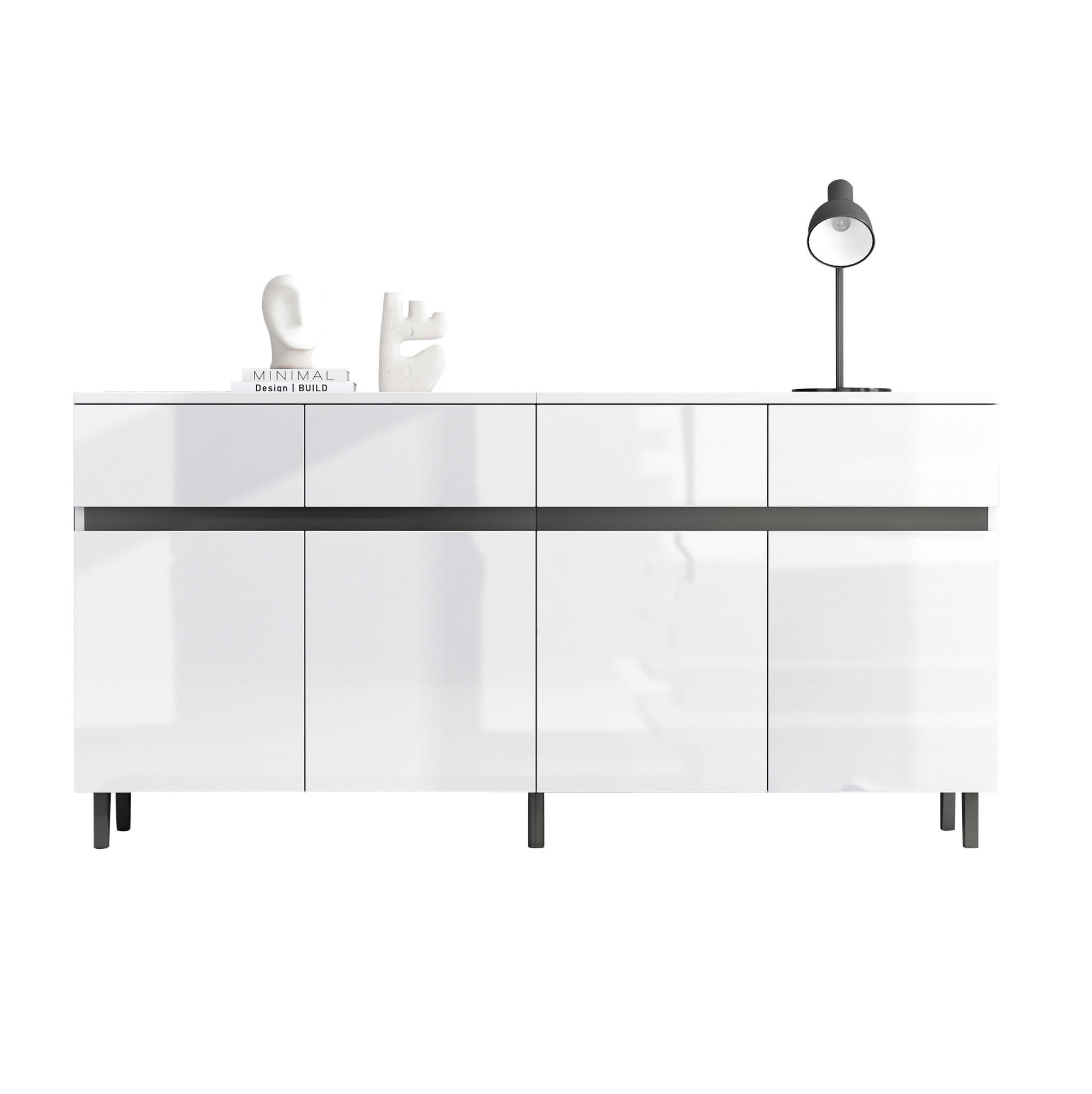 SIDEBOARD, 160/40/68 cm, bílý, dřevotříska, s vysokým leskem a 4 zásuvkami - bílá, kompozitní dřevo (160/68/40cm) - BEAOK