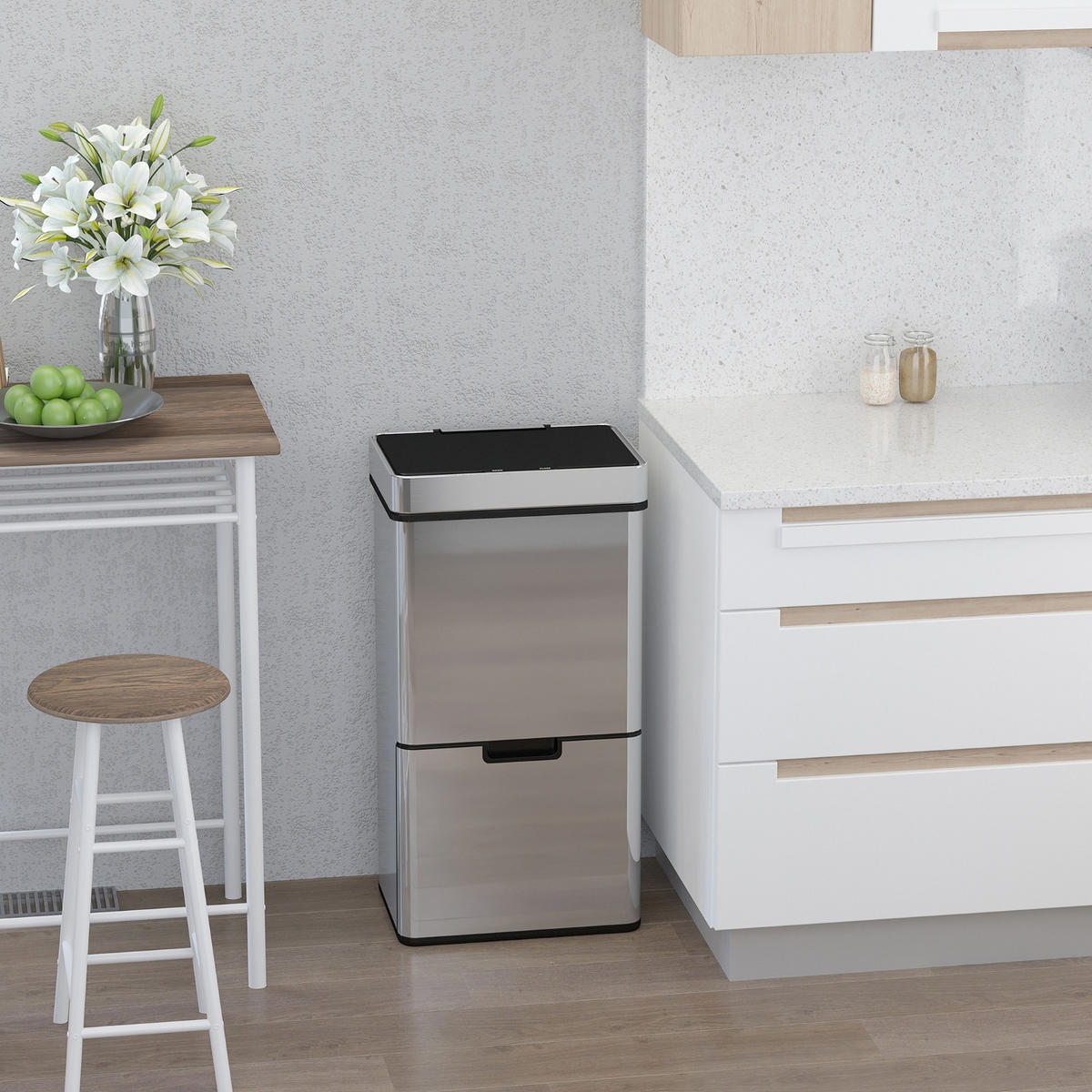 MÜLLEIMER MIT SENSOR 72L 42/81/30 cm Edelstahl Silberfarben Mülltrennsystem 3 Fächer Küche - Silberfarben, Metall (30/81/42cm) - Rolipo
