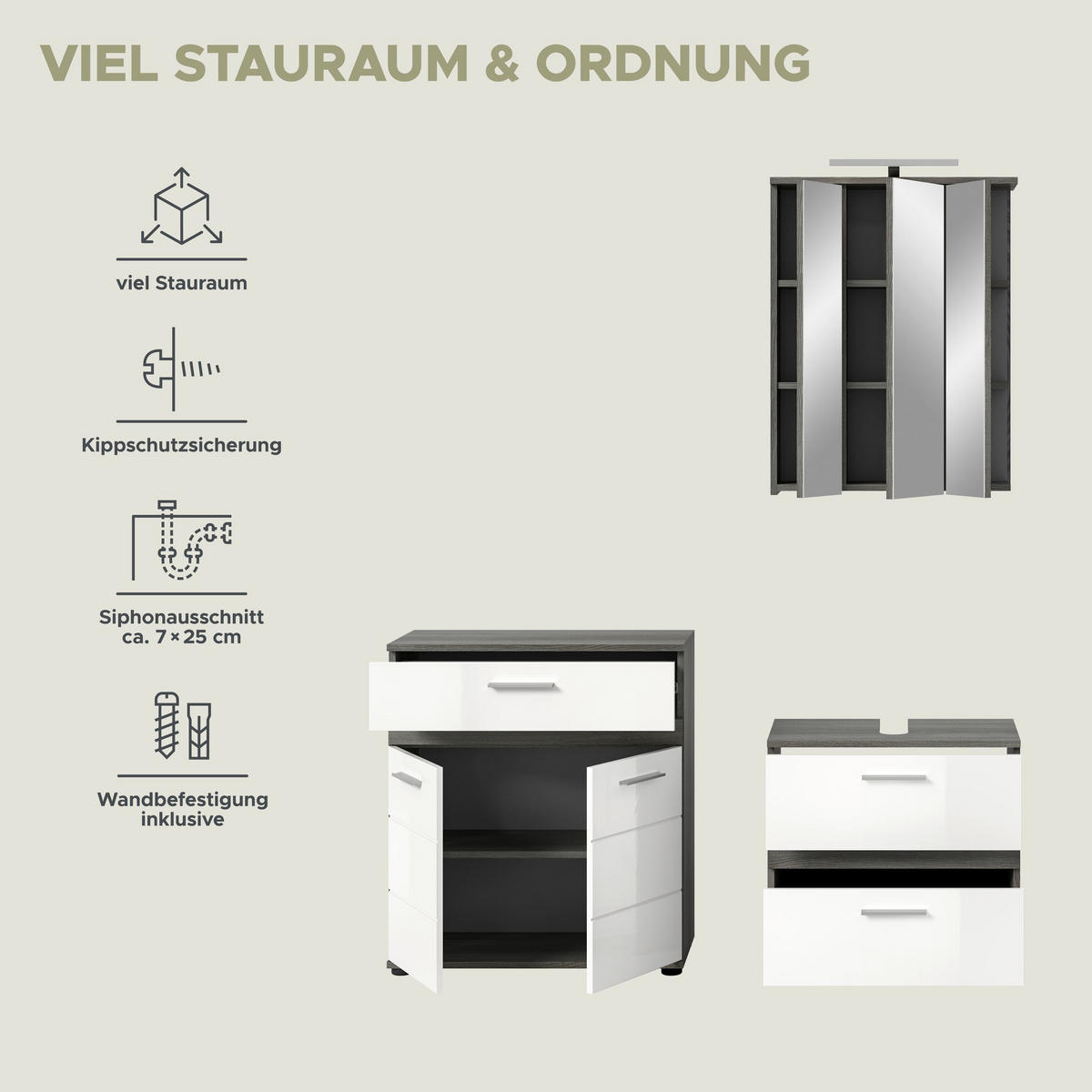 BADKOMBINATION 2tlg. Blake Bad in Rauchsilber Nachbildung und weiß hochglanz B/H/T: 146x191x34 cm - Anthrazit, Holz (146/191/34cm)