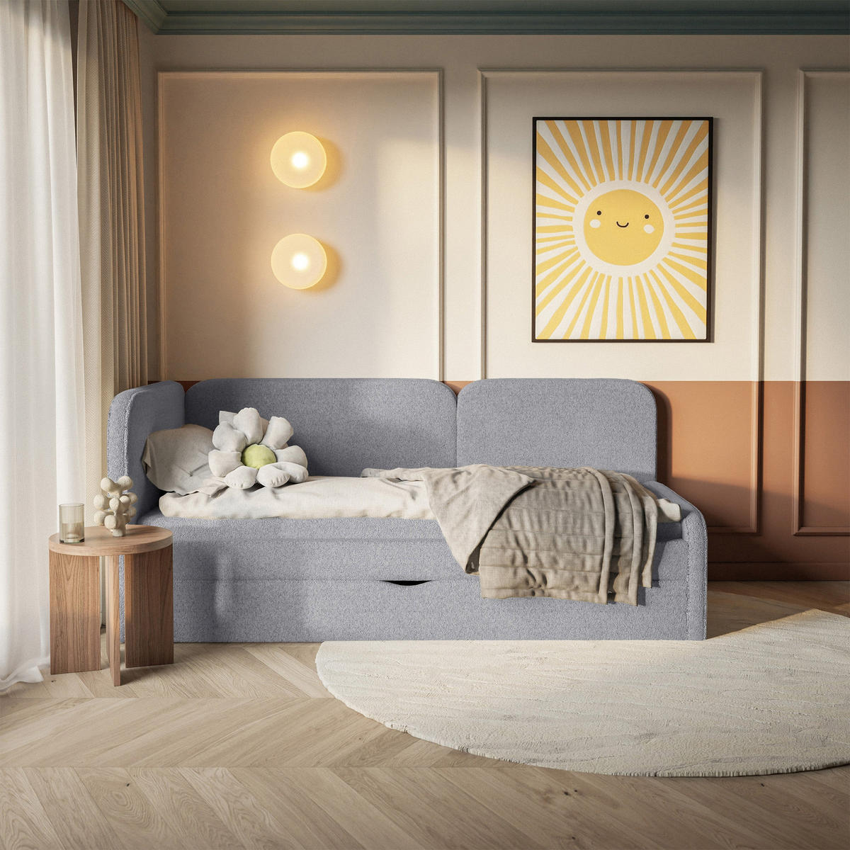 ČALOUNĚNÁ postel Cuddy, čelo vlevo, plyšová látka šedá, 90x200 cm - šedá/černá, textil/plast (90/200cm) - Selsey