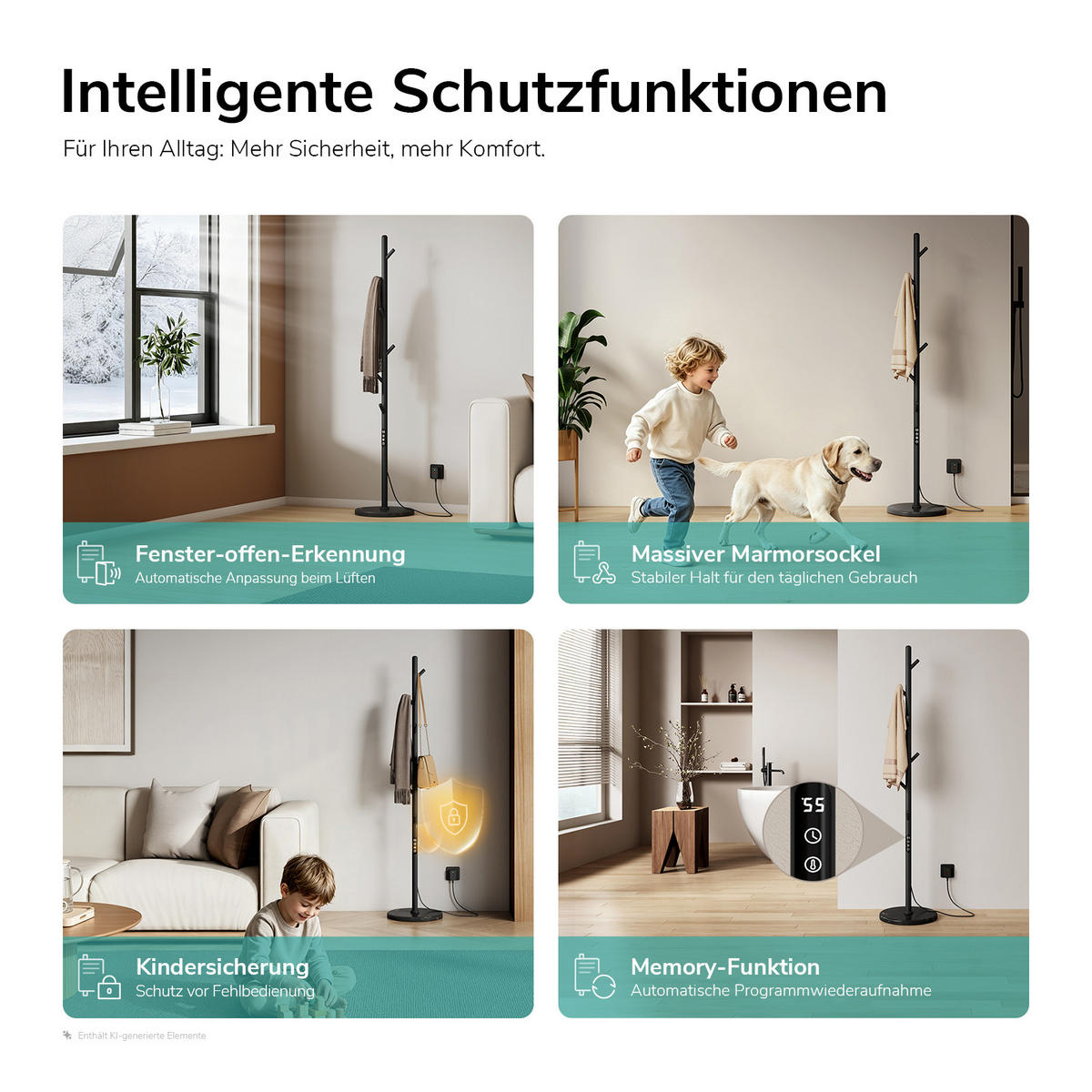 HANDTUCHHALTER elektrisch Standmodell in Baumform mit LED Touch Display/App-Steuerung Schwarz 150/32 cm - Schwarz, Metall (32/150/32cm) - EMKE
