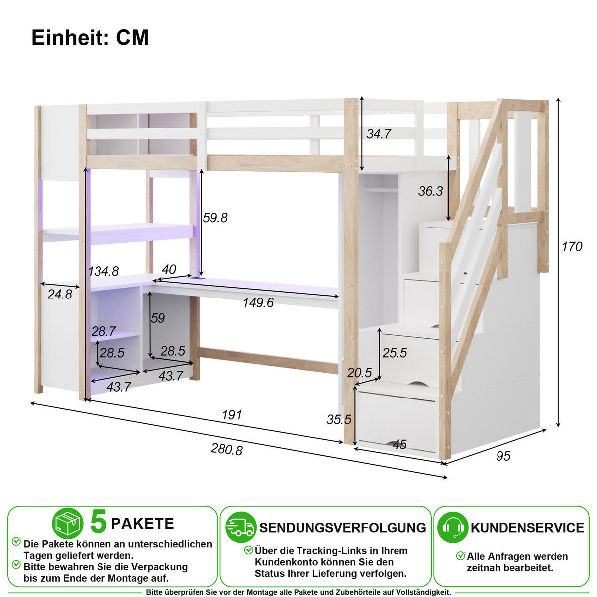 HOCHBETT 90/200 cm in Weiß & Natur mit Schreibtisch, Kleiderschrank, Regal, LED und Steckdosen - Weiß/Naturfarben, Holz/Holzwerkstoff (90/200cm) - CHICFURN