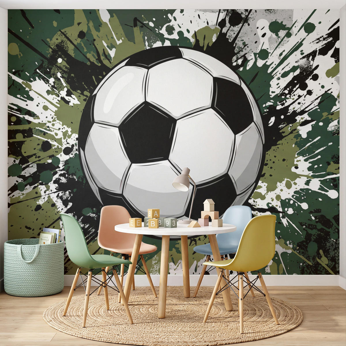 KINDERTAPETE - Fußball - Farbe - Spritzer - Grün - 260x220 cm - Dunkelgrün, Papier (260/220cm) - OnlyWow