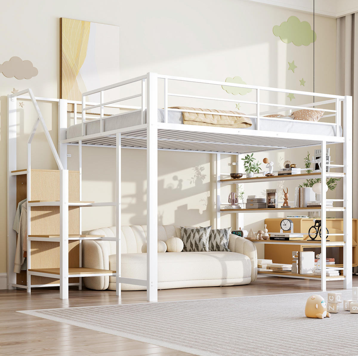 HOCHBETT 140/200 cm, Weiß, mit Stauraumtreppe und Umzäunung - Weiß, Metall (140/200cm) - MIVRAY