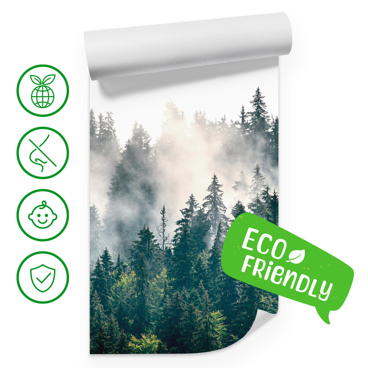 FOTOTAPETE für Wohnzimmer Nebeliger Nadelwald Berg Mystik Bäume 500x350 - Weiß/Grün, Papier (500/350cm) - Muralo
