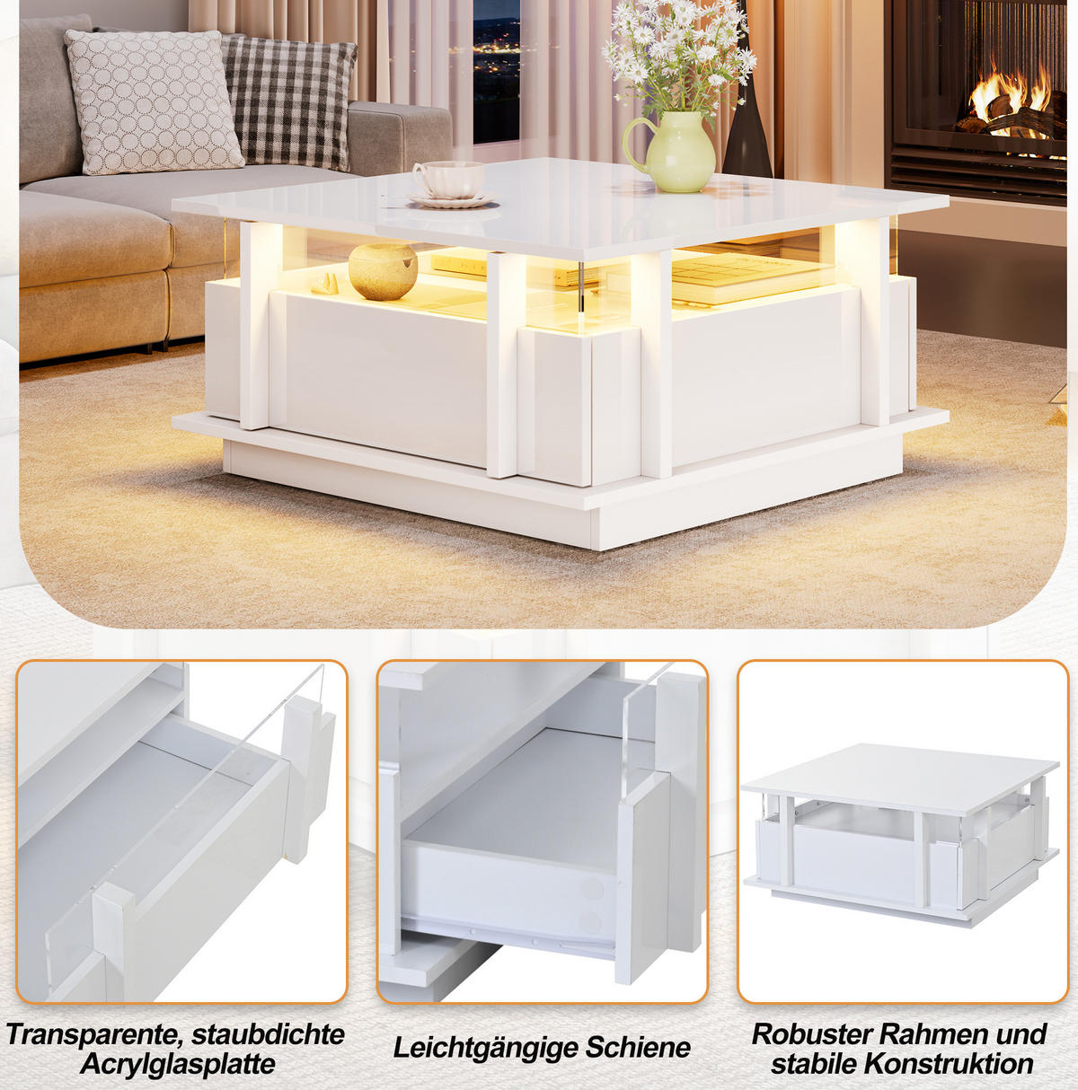 COUCHTISCH aus Spanplatte 70x70x35 cm in Weiß mit LED & 2 Schubladen - Weiß, Holzwerkstoff (70/70/35cm) - Modfu