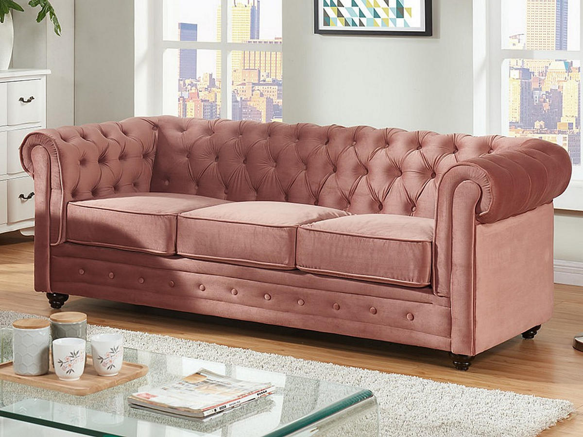 SOFA 3-Sitzer - Samt - Rosa - CHESTERFIELD - Pink, Textil (205/72/88cm) - Vente-Unique