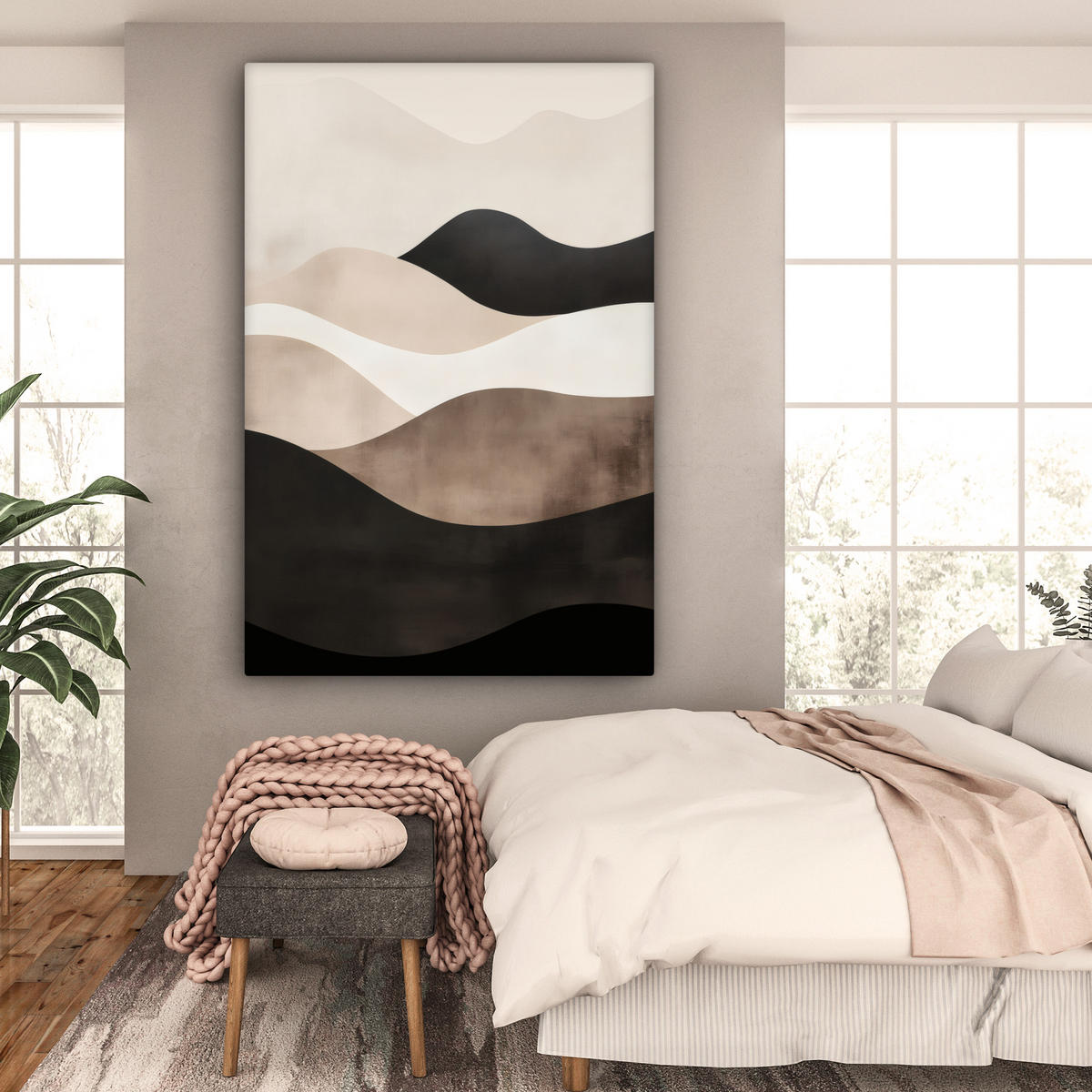 OBRAZ NA PLÁTNĚ Abstraktní - Krajina - Vlny - Krémová barva 90x140 cm - kapučínová, textil (90/140cm) - MuchoWow