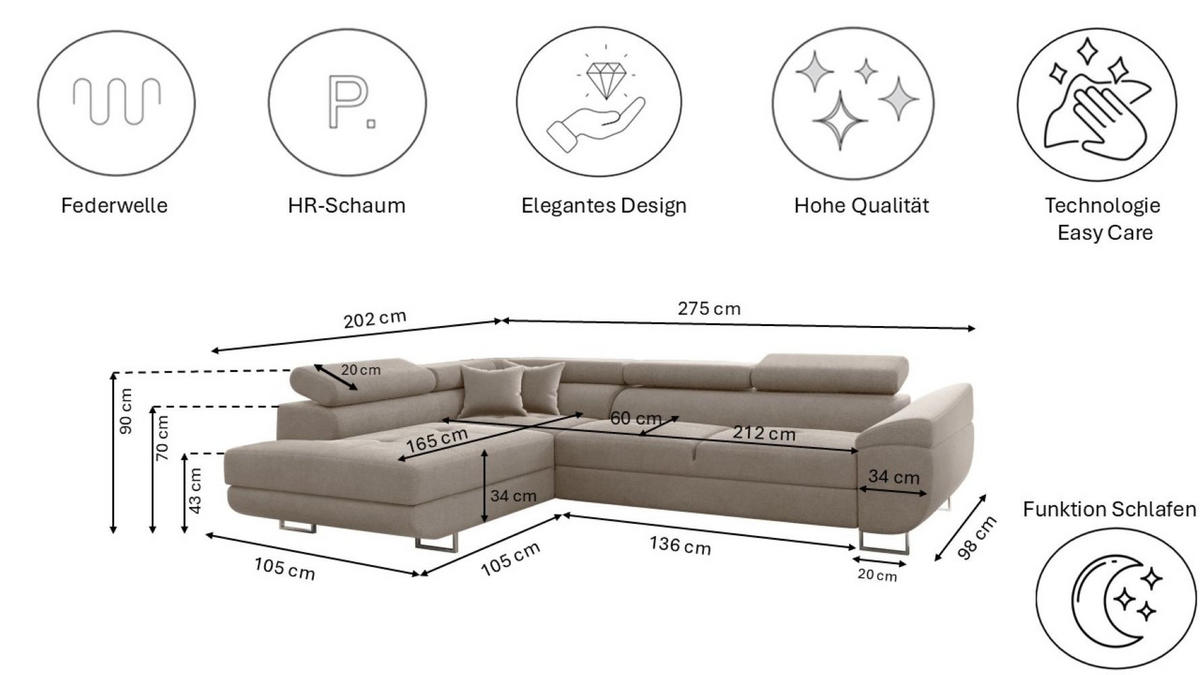 ECKSOFA FALIO L-Form Mit Schlaffunktion Im Modernen Stil Für Das Wohn Und Schlafzimmer KaltesBeige Links - Cappuccino, Holz/Textil (202/275cm) - Kaiser Möbel