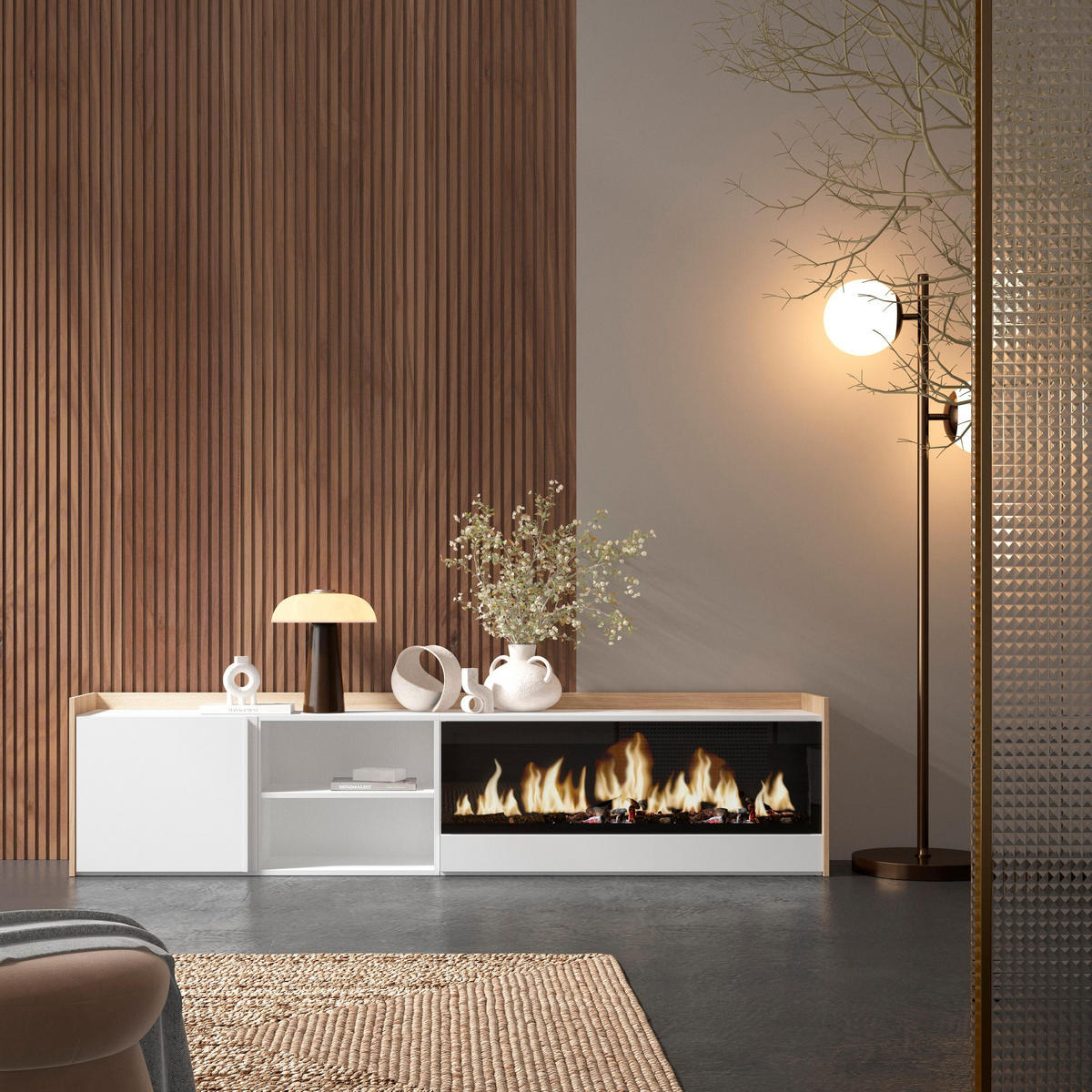 LOWBOARD, Weiß und Eiche, 212/35/50cm, Kamin mit Feuereffekt XXL - Weiß, Holzwerkstoff (212/50/35cm) - Skraut Home