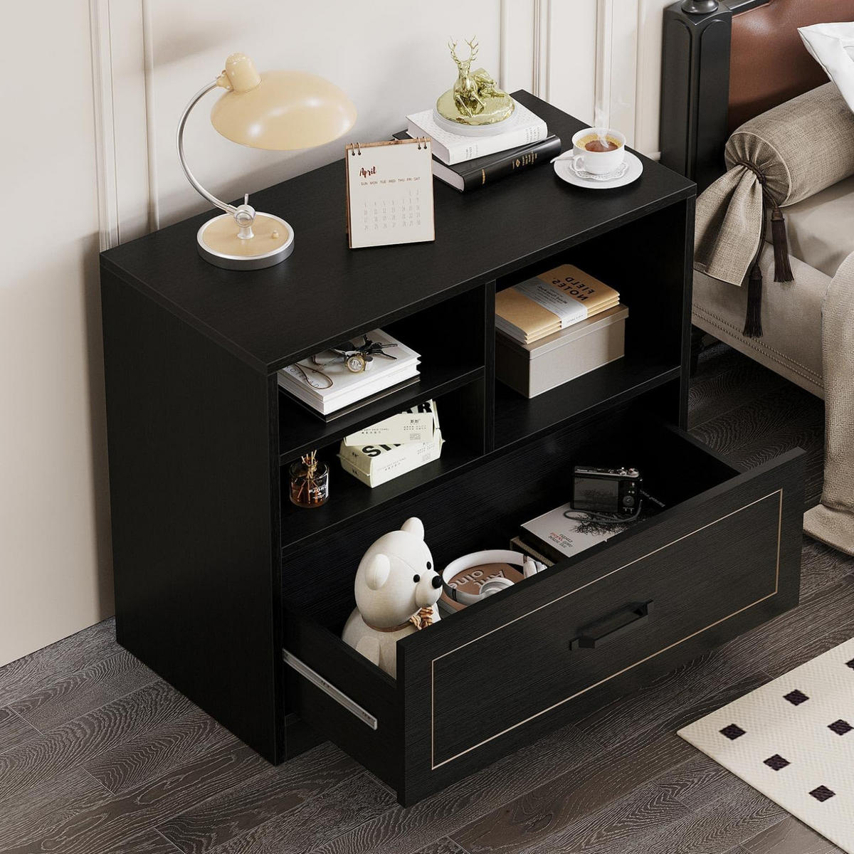 STAURAUMSCHRANK mit Schublade & Offenen Fächern INDUSTRIAL 83.8 x 40.0 x 72.5 cm - Schwarz, Holzwerkstoff/Metall (83.8/72.5/40cm) - Quality Elegance