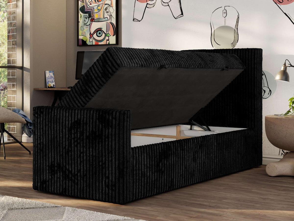 JUGENDBETT TILIO DUO 90/200 - Schwarz Cord - H4 - Rechts Seite - Schwarz, Textil (90/200cm) - MKS