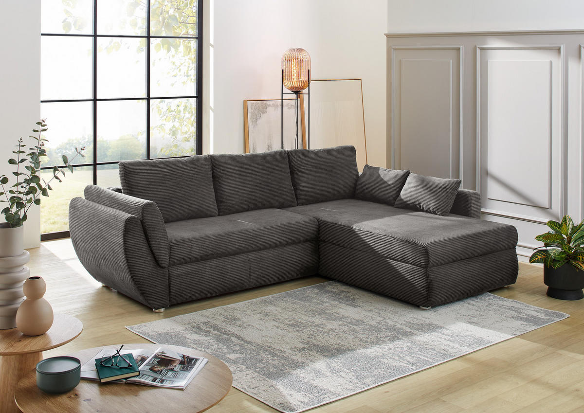 ECKSOFA mit Schlaffunktion und Bettkasten, seitenverkehrt montierbar B272/T200/H88 cm, Liegefläche 128x224 cm, Cord Grau Anthrazit / 15226 - Chromfarben/Schieferfarben, Kunststoff/Textil (272/200cm) - luma-home