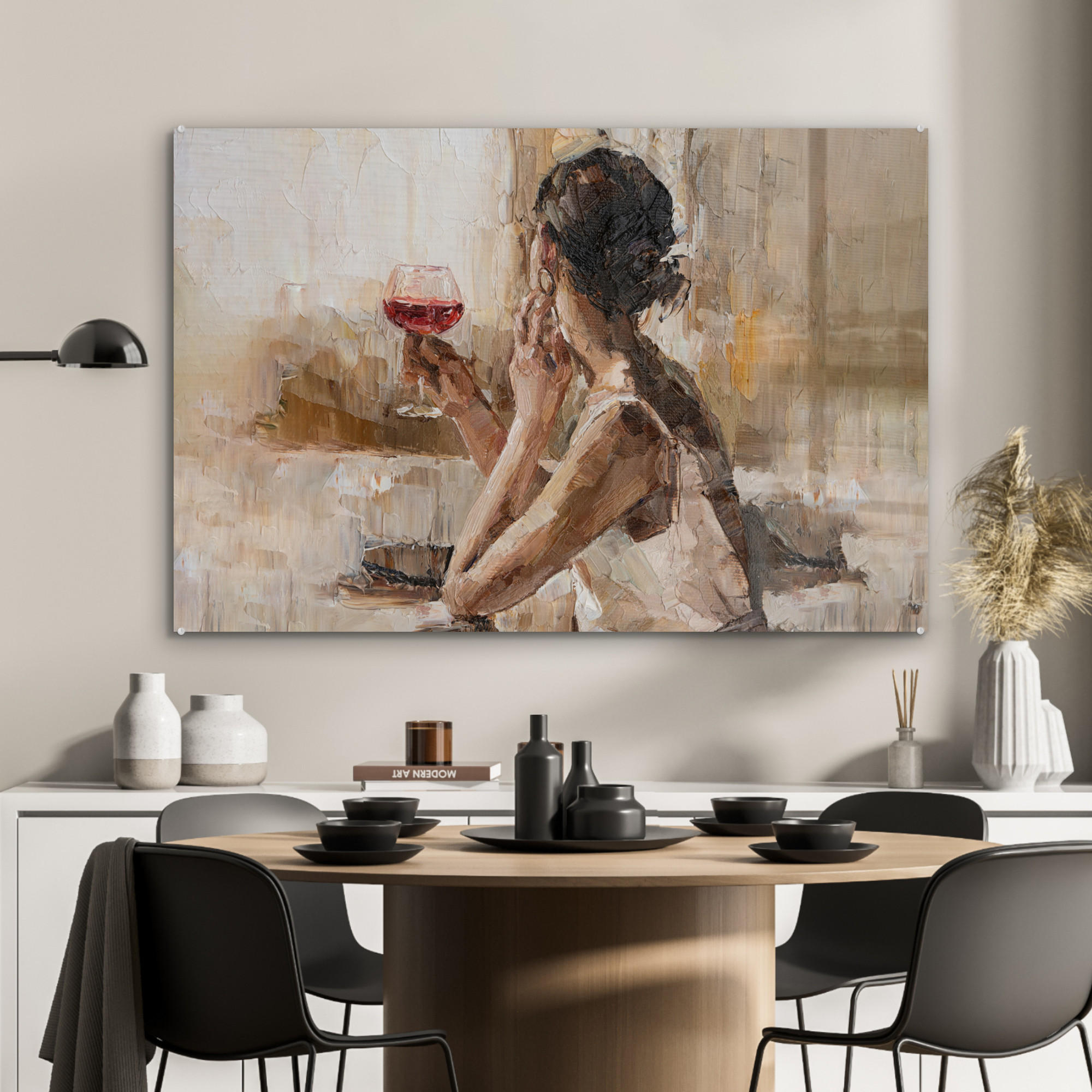 ACRYLGLASBILD Ölgemälde - Frau - Wein 120x80 cm - Hellbraun, Glas (120/80cm) - MuchoWow