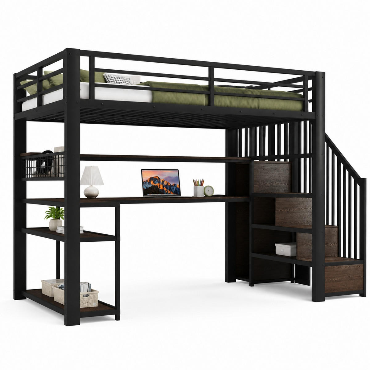 HOCHBETT 90/200 cm in Schwarz mit LED, Schreibtisch, Kleiderschrank und Stauraum - Schwarz, Holzwerkstoff/Metall (90/200cm) - CHICFURN