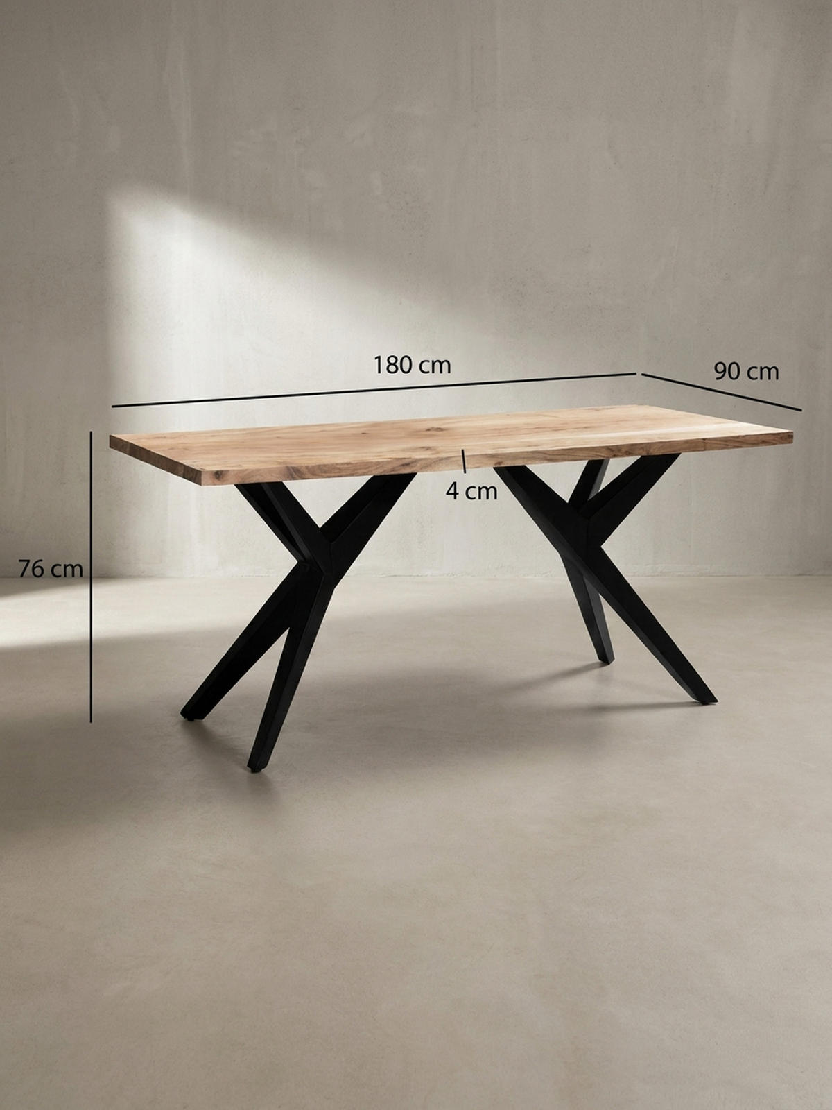 ESSTISCH Massivholz Metall Rechteckig Loft-Stil, Akazie 180x90x76 cm - Schwarz/Akaziefarben, Holz/Metall (90/180/76cm) - KADIMA DESIGN