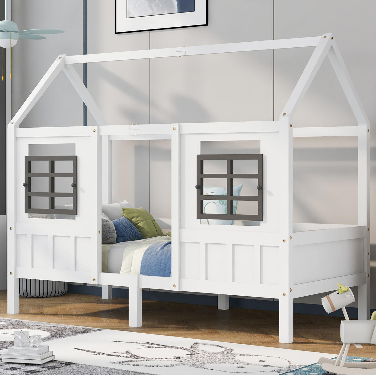 HAUSBETT 200/90 cm Weiß mit Fenstern ohne Matratze - Weiß, Holz (90/200cm) - MIVRAY