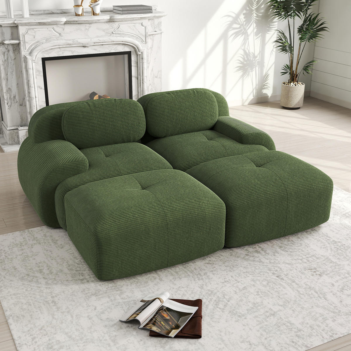 2-SITZER-SOFA aus Cord Grün modular, rahmenlos mit ergonomischen Armlehnen und rutschfester Unterseite - Grün, Textil (208/75/178cm) - Modfu