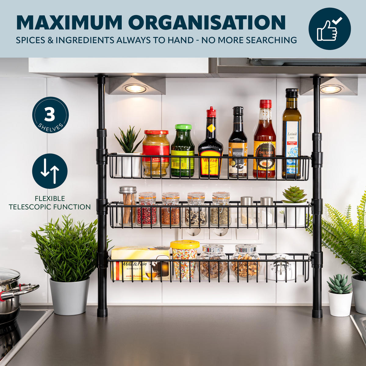 TELESKOP-GEWÜRZREGAL, schwarz, Metall - Schwarz, Metall (55/80/8cm) - bremermann