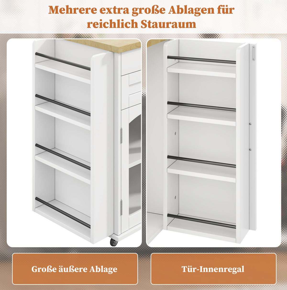 KÜCHENINSEL 138/70/90 cm mit klappbarer Arbeitsplatte, Glastüren und 5 Rollen, Natur/Weiß - Naturfarben, Holzwerkstoff (138/90/70cm) - Redom