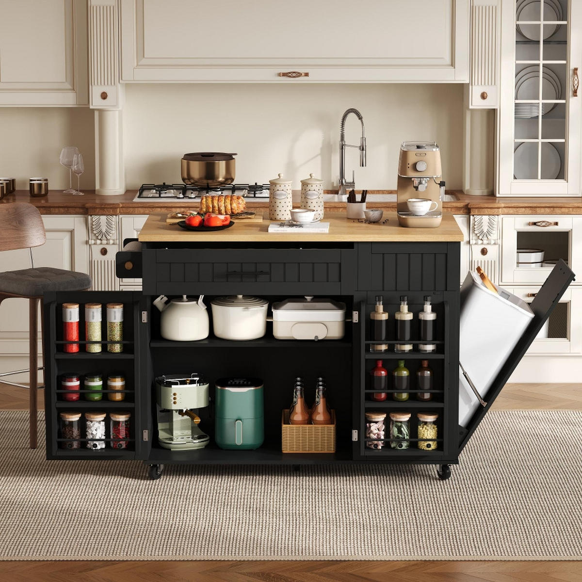 KÜCHENINSEL Klappbare Arbeitsplatte, Mülleimerschrank, MDF, 130/70/93 cm - Schwarz, Kunststoff (70/93/130cm) - Rolipo