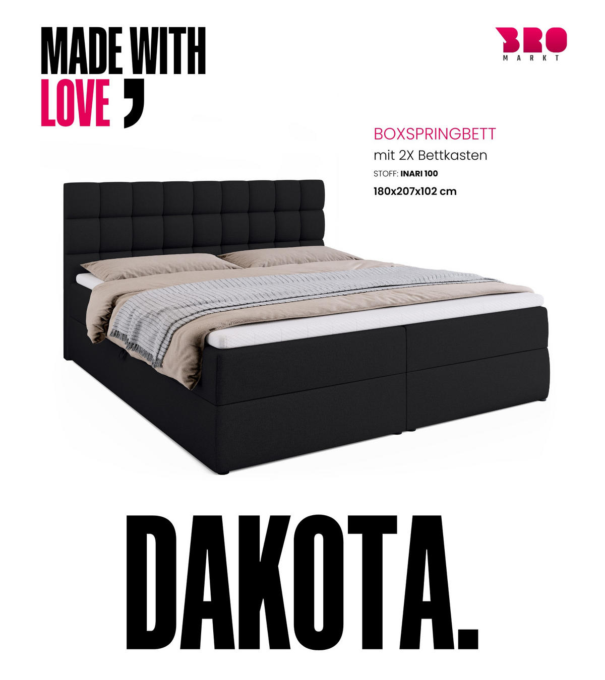 BOXBETT Dakota mit Topper 180/200 Schwarz - Schwarz, Textil (180/200cm) - Bromarkt