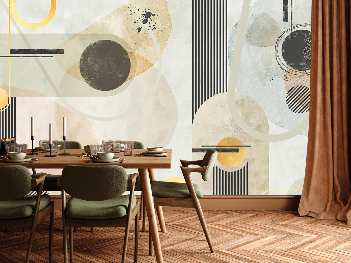 FOTOTAPETE für Wohnzimmer Geometrische Kreise Streifen Glamour 450x315 - Gelb/Beige, Papier (450/315cm) - Muralo