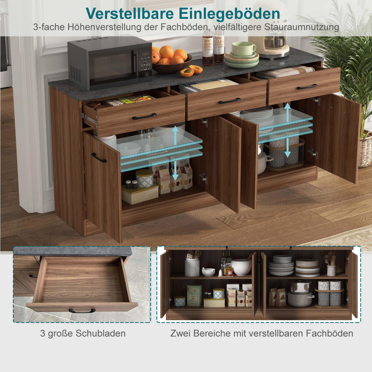 SIDEBOARD DE-38864 160/37/76,5 cm 3 Schubladen und verstellbare Böden Walnuss - Walnussfarben, Holzwerkstoff (160/76.5/37cm) - ComfortXL