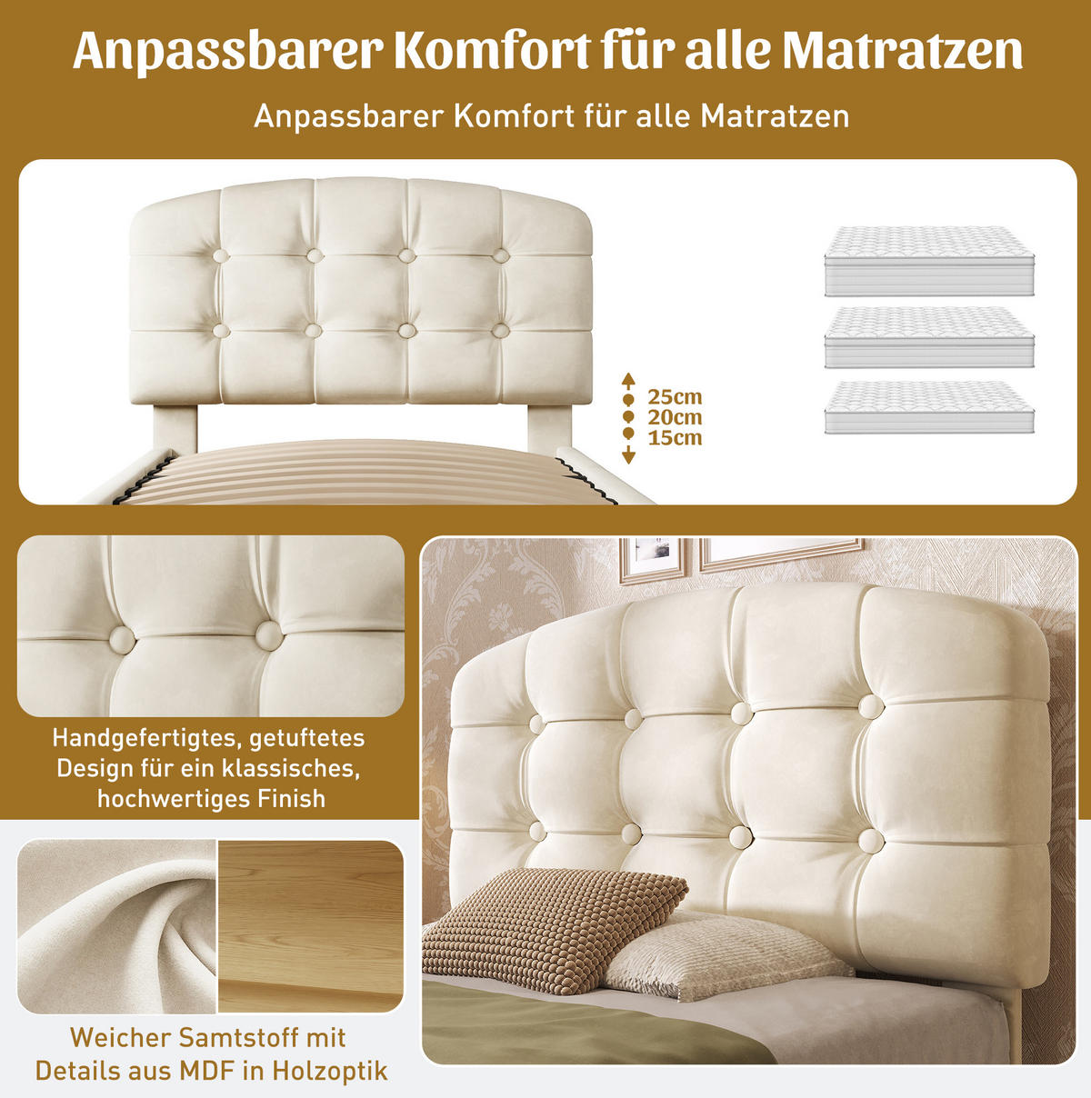 POLSTERBETT 90x200 cm in Beige mit Schubladen, Stauraum und verstellbarem Kopfteil - Beige, Textil (90/200cm) - IVMEU